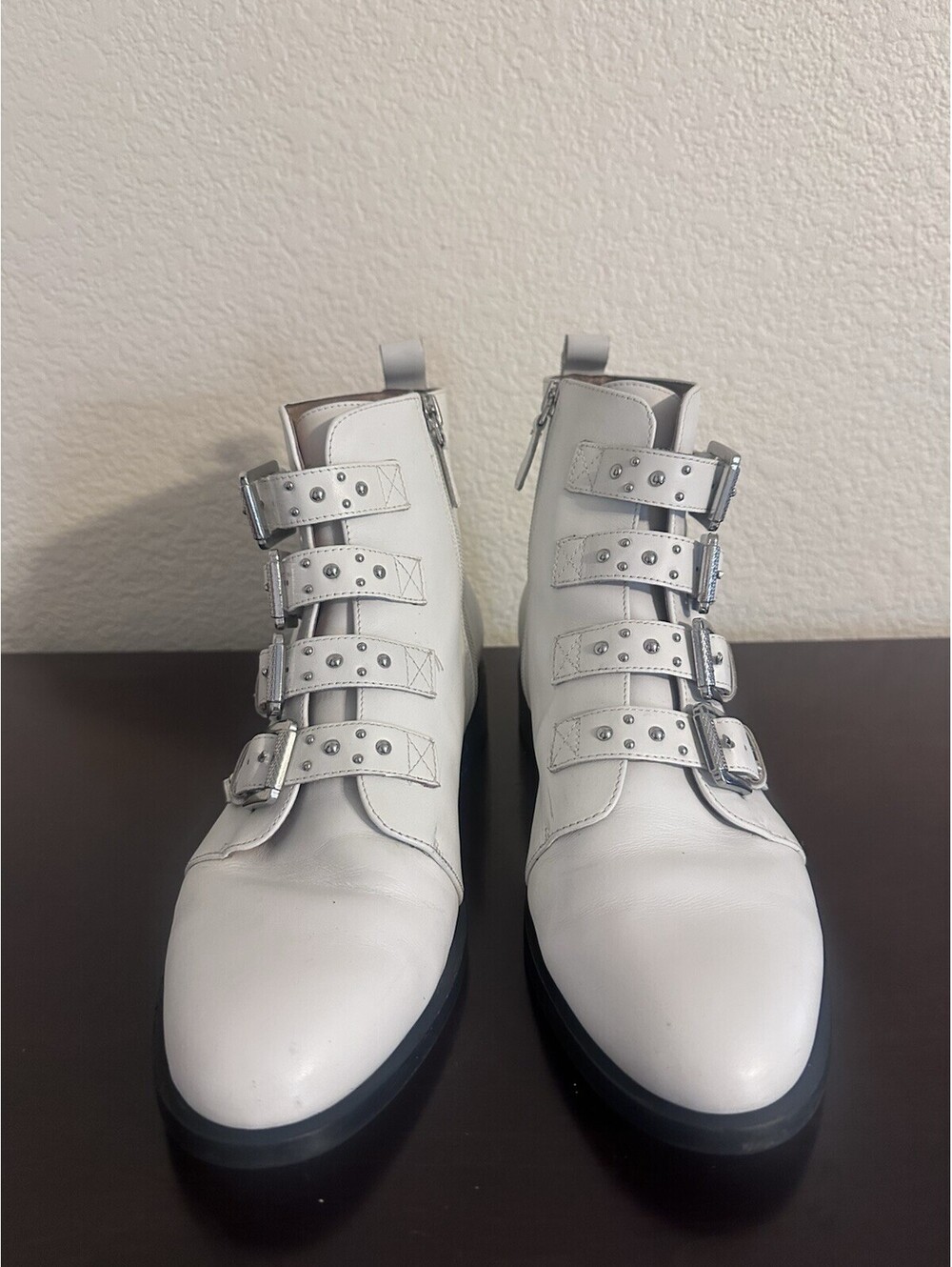 Halogen Studded Buckle Strap Ankle Boots White Leather Zip Block Heel Size 10 - Picture 2 of 9